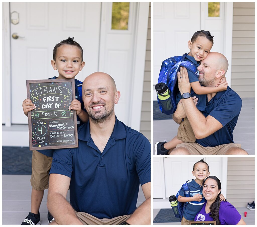 A collage of three photographs. Top-left: A young boy holding a chalkboard sign titled "Ethan's First Day of Pre-K" stands beside a smiling man in front of a white door. Top-right: The same boy, wearing a blue backpack, joyfully hugs the man. Bottom: The boy stands with a smiling woman, holding the same chalkboard sign in front of the white door. Photo taken in Westport, MA by family photographer Lorie-Lyn Photography. Watch Me Grow Session for Pre-K Age child in Westport, MA by familyl photographer Lorie-Lyn Photography. Watch Me Grow Collection